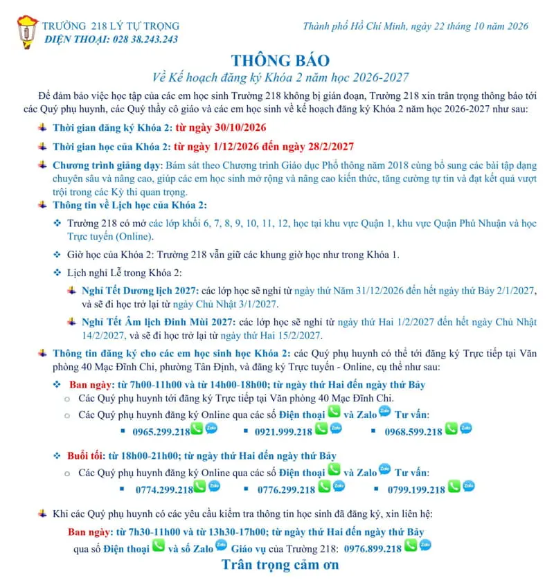 THÔNG BÁO KẾ HOẠCH ĐĂNG KÝ KHÓA 2 - NĂM HỌC 2026-2027