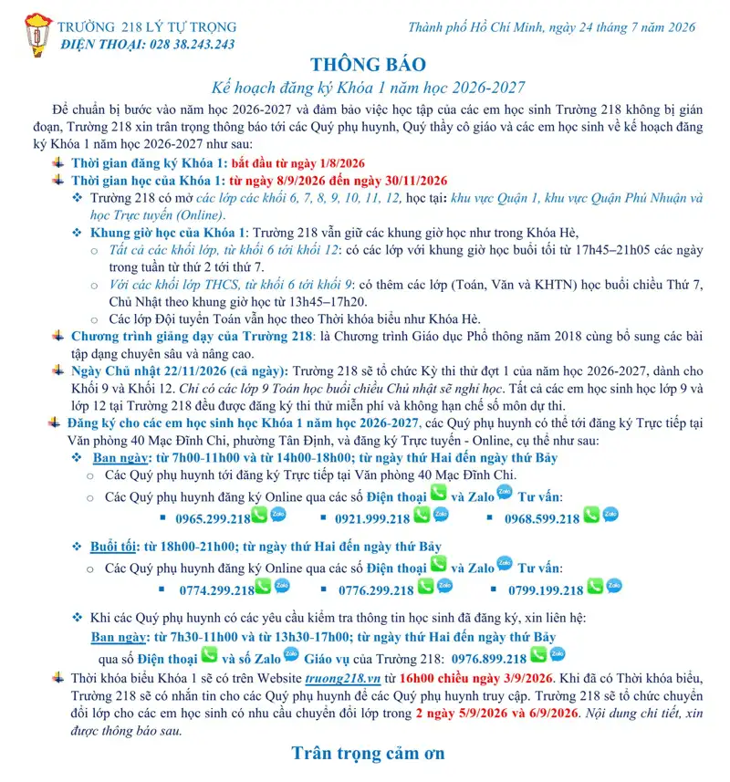THÔNG BÁO ĐĂNG KÝ KHÓA 1 - NĂM HỌC 2026-2027